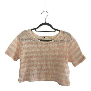 Victorias Secret Pink Striped Open Knit Cropped Short Sleeve Sweater Top Size L